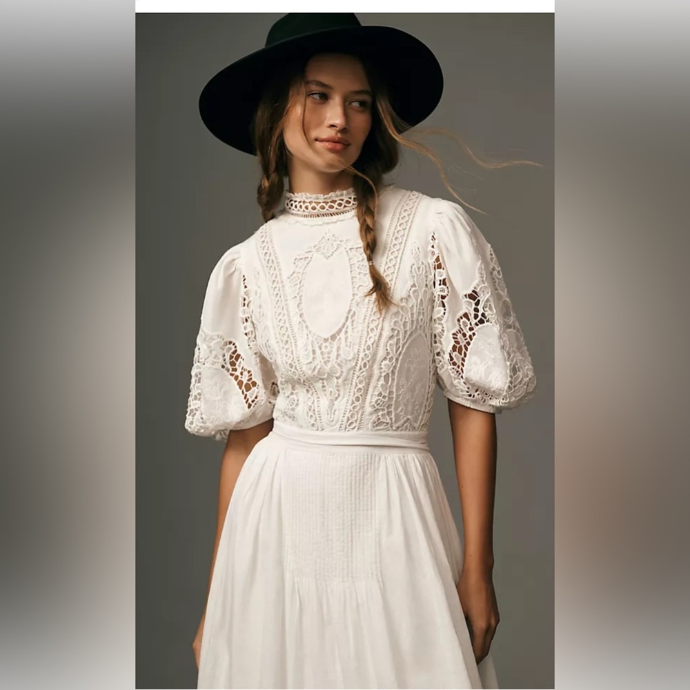 Anthropologie Forever That Girl White Lace High-Neck Midi Dress Large Prairie